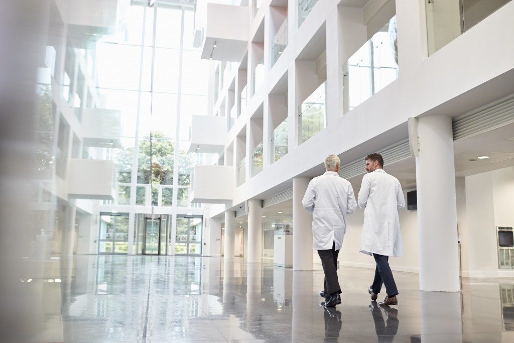 Rear view of scientists talking while walking